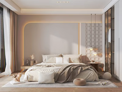 Warm Modern Bedroom Interior Design With Soft Tones Bed Linen Wooden Floor And Lattice Screen 3d model