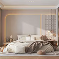 Warm Modern Bedroom Interior Design With Soft Tones Bed Linen Wooden Floor And Lattice Screen