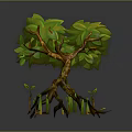 Cartoon Scene Featuring A Tree With Green Leaves Brown Trunk Roots And Small Plants