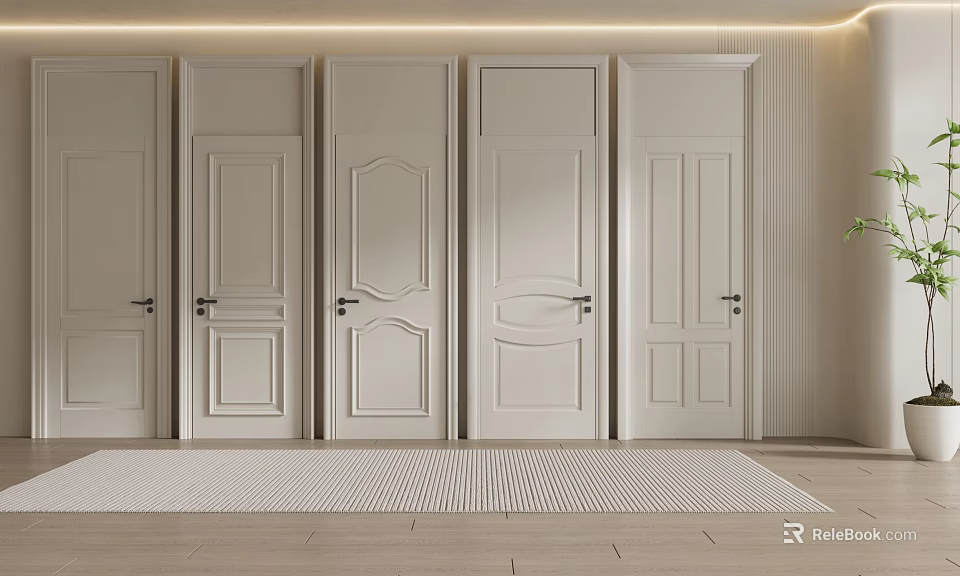 White Hinged Doors Featuring Various Panel Designs In Minimalist Interior Space 3d model