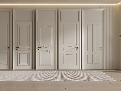 White Hinged Doors Featuring Various Panel Designs In Minimalist Interior Space 3d model
