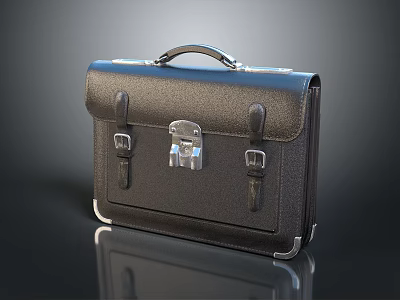 Classic Black Leather Briefcase With Metal Lock Buckle Straps And Leather Handle 3d model