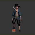 3D Animated Character Model With Blue Top Black Pants And Staff Standing On Red Platform Block