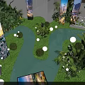 Modern Indoor Landscape With Green Plants Round White Lights Water Pool And Decorative Screens