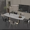 Modern Kitchen Dining Table And Chairs With Marble Top Pendant Light And Cabinets