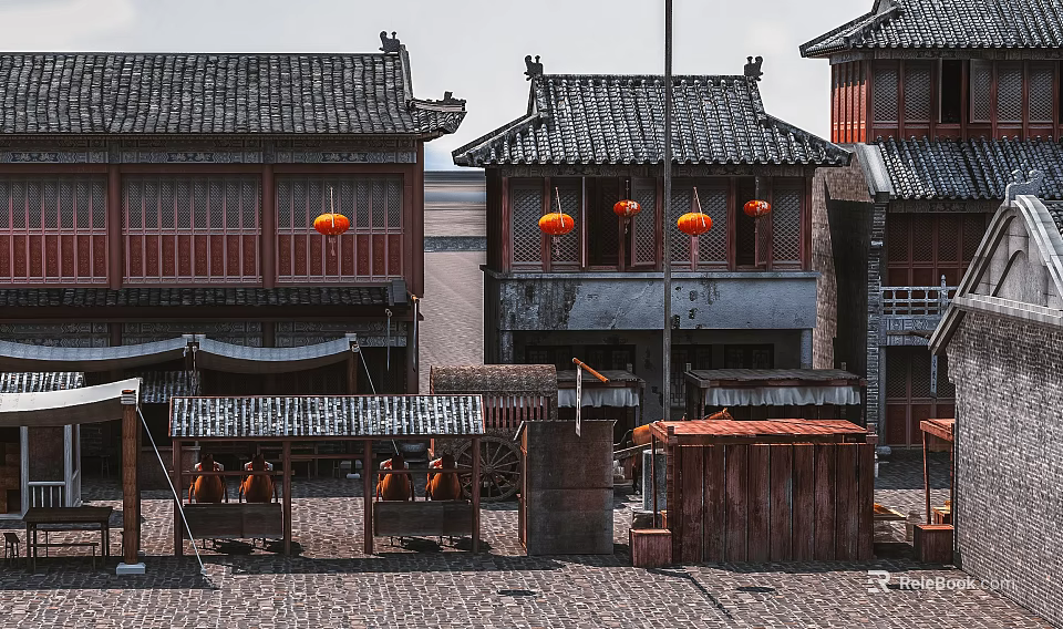 Traditional Chinese Architecture With Gray Tiles Red Lanterns Small Stalls And People Sitting 3d model 