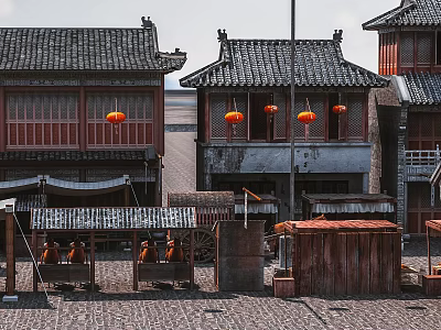 Traditional Chinese Architecture With Gray Tiles Red Lanterns Small Stalls And People Sitting 3d model