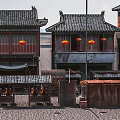 Traditional Chinese Architecture With Gray Tiles Red Lanterns Small Stalls And People Sitting
