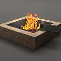 Outdoor Garden Fire Pit With Square Stone Brick Structure Burning Flames And Metal Grate Cover