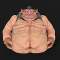 Cartoon Pig Character With Muscular Fat Body Blue Hat Green Vest Grinning Expression