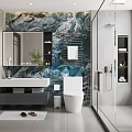 Modern Bathroom Interior With Marble Wall Shower Enclosure Vanity Mirror And Storage Shelves