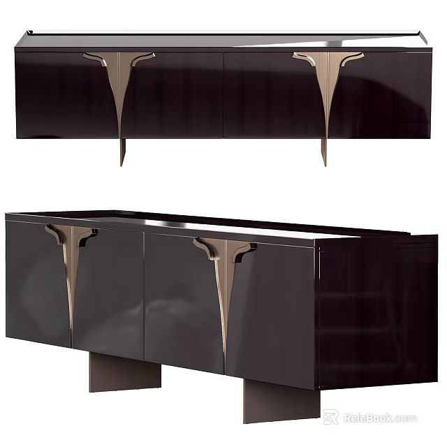 Modern Dark Glossy TV Stand With Metallic Accent Legs And Cabinet Doors 3d model 