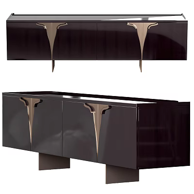 Modern Dark Glossy TV Stand With Metallic Accent Legs And Cabinet Doors 3d model