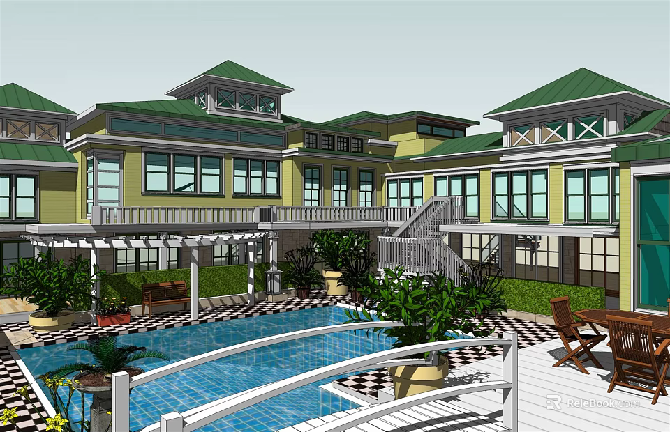 Detached Villa with Green Roof Yellow Exterior Swimming Pool Terrace and Lush Plants 3d model 