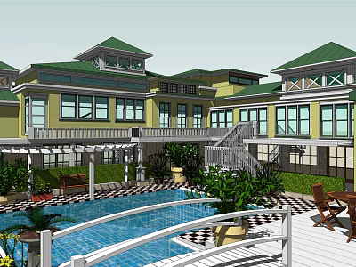Detached Villa with Green Roof Yellow Exterior Swimming Pool Terrace and Lush Plants 3d model