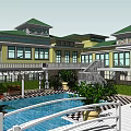 Detached Villa with Green Roof Yellow Exterior Swimming Pool Terrace and Lush Plants