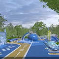Outdoor Children's Play Area With Blue Slides Whale Shaped Structures And Colorful Ground