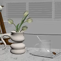 White Vase With Fresh White Tulips And Coffee Cup On Wooden Table By Window