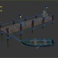 Rustic Wooden Dock With Lamp Posts Ropes Crate And Small Rowboat 3d model