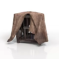 Wooden Armchair Furniture Covered With Brown Fabric And Visible Frame Structure