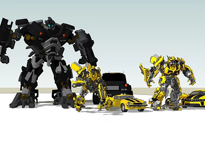 Black And Yellow Transformers Robots With Vehicle Modes Display Scene 3d model