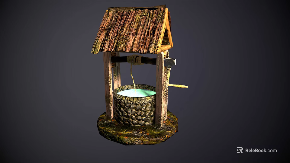 Decorative Garden Ornament Featuring Small Well With Thatched Roof Stone Structure And Wooden Frame Design 3d model 