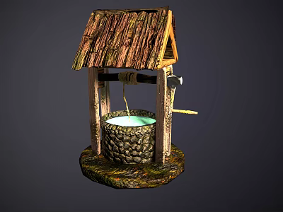 Decorative Garden Ornament Featuring Small Well With Thatched Roof Stone Structure And Wooden Frame Design 3d model