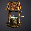 Decorative Garden Ornament Featuring Small Well With Thatched Roof Stone Structure And Wooden Frame Design