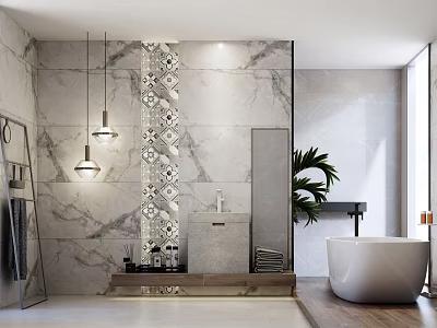 Modern Minimalist Bathroom With Marble Walls Hanging Pendant Lights Decorative Tile Pattern And Standalone Bathtub 3d model