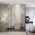 Modern Minimalist Bathroom With Marble Walls Hanging Pendant Lights Decorative Tile Pattern And Standalone Bathtub