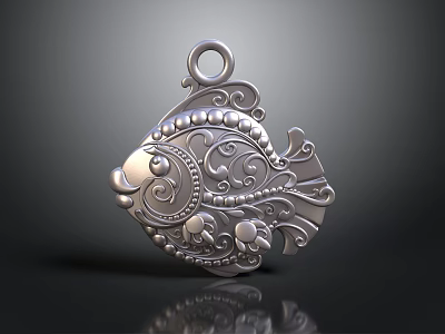 Silver Fish Shaped Pendant With Intricate Patterns And Loop Design For Decorative Use 3d model