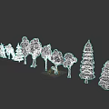 Green Arbor Trees With Various Canopy Shapes And Trunks On Dark Background 3d model