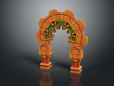 Ancient Themed Decorative Arch With Carved Symbols And Orange Green Accents 3d model