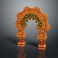 Ancient Themed Decorative Arch With Carved Symbols And Orange Green Accents