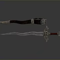 Ornate Blue Metal Sword With Intricate Hilt And Decorative Wooden Scabbard