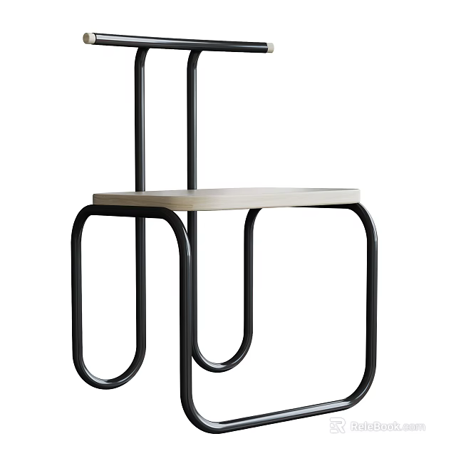 Minimalist Single Chair With Wooden Seat And Black Metal Frame Design Style 3d model 