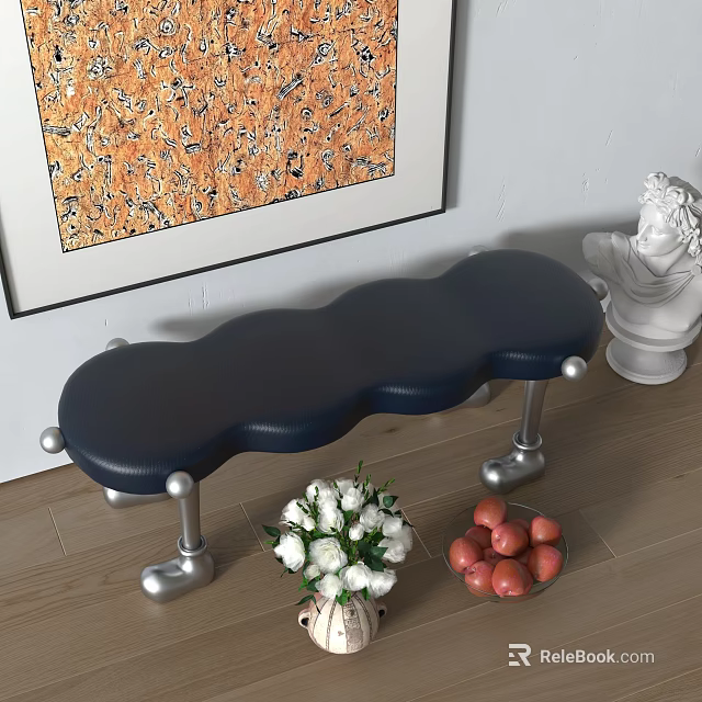 Dark Blue Leather Shoe Bench With Scalloped Design And Silver Metal Legs 3d model 