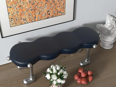 Dark Blue Leather Shoe Bench With Scalloped Design And Silver Metal Legs 3d model