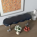 Dark Blue Leather Shoe Bench With Scalloped Design And Silver Metal Legs