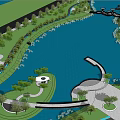 Waterfront Landscape Design With Lake Wooden Boardwalk And Lush Green Trees