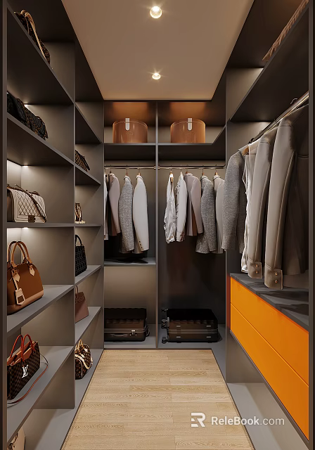 Modern Luxury Walk In Wardrobe With Built In Lights Clothes Handbags And Luggage Storage Design 3d model 