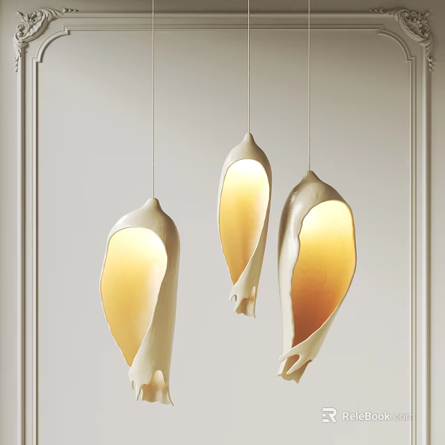 Shell Shaped Modern Pendant Lights With White Outer Warm Yellow Light Hanging In Interior 3d model