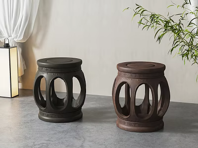 Black And Brown Wooden Stools With Hollow Out Design In Indoor Living Space 3d model