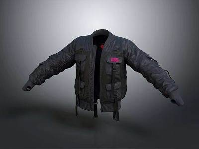 Black Military Style Jacket With Multiple Pockets Red Patch And Cuff Straps 3d model