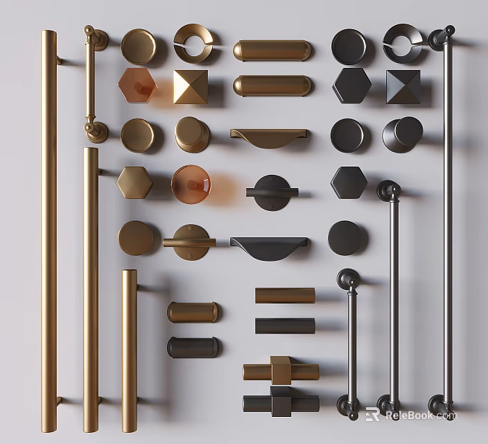 Modern Various Cabinet Handles With Gold Black Round Square Geometric Designs 3d model 