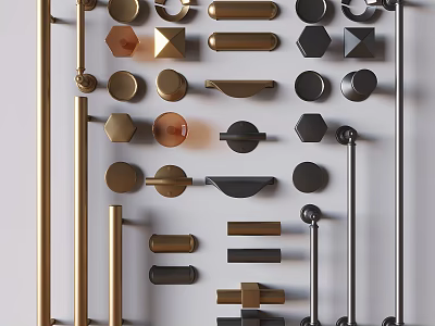 Modern Various Cabinet Handles With Gold Black Round Square Geometric Designs 3d model