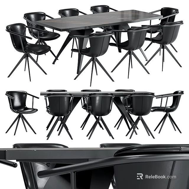 Modern Minimalist Dining Table Set With Sleek Metal Legs And Black Chairs Design 3d model 
