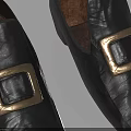 Stylish Black Leather Loafers With Square Metal Buckle And Wooden Heel Design
