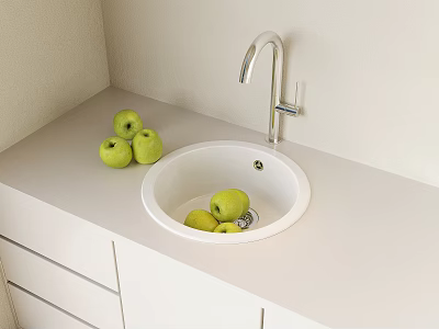White Kitchen Sink With Green Apples Silver Faucet On White Countertop And Cabinets 3d model