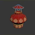 Red Chinese Lantern With Golden Decorative Patterns And Umbrella Shaped Top